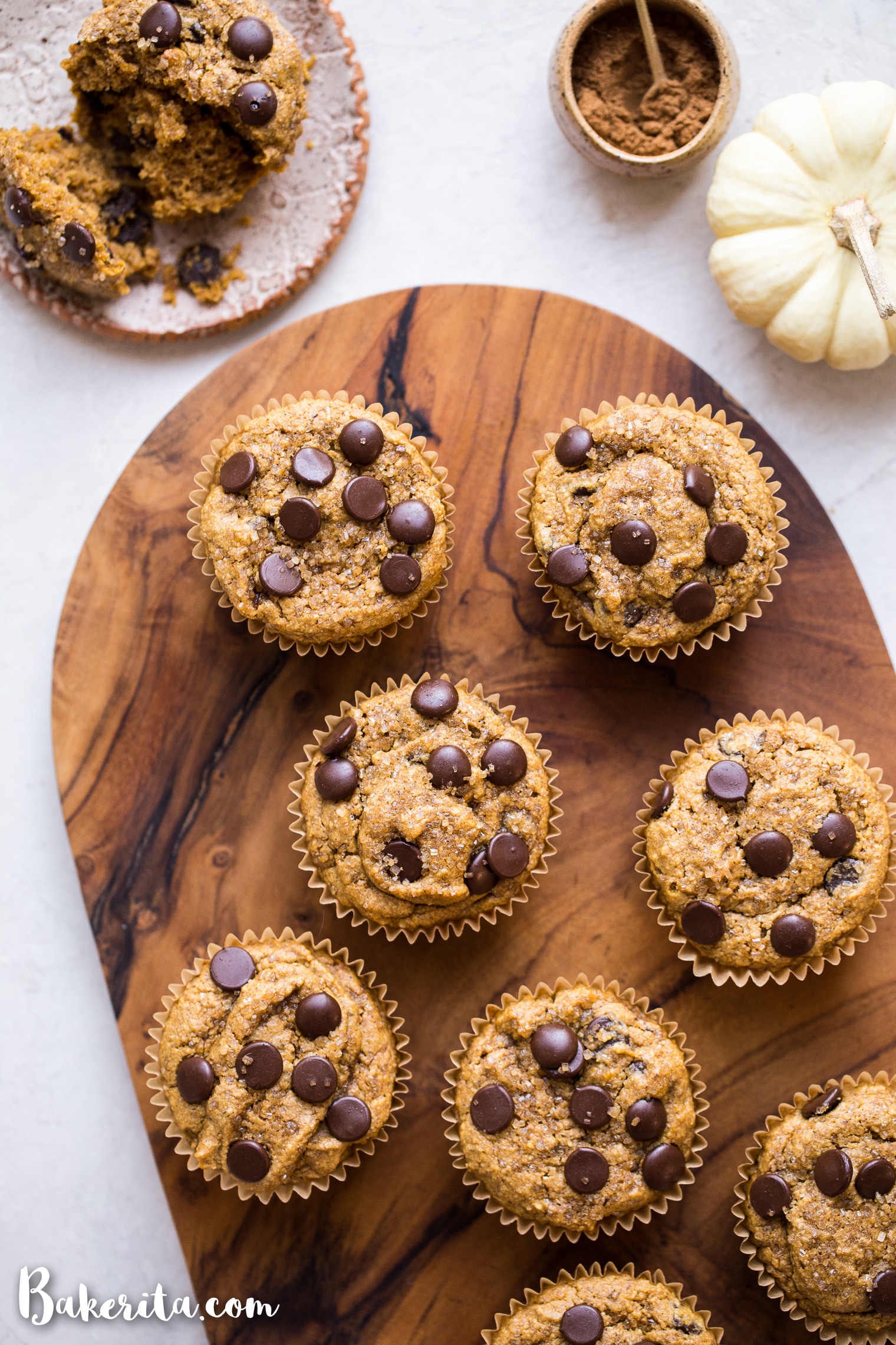 These Gluten-Free Vegan Chocolate Chip Pumpkin Muffins are fluffy, chocolatey, and full of warm pumpkin spices! These are perfect for meal prepping since they freeze well and make a wonderful breakfast, snack, or dessert.