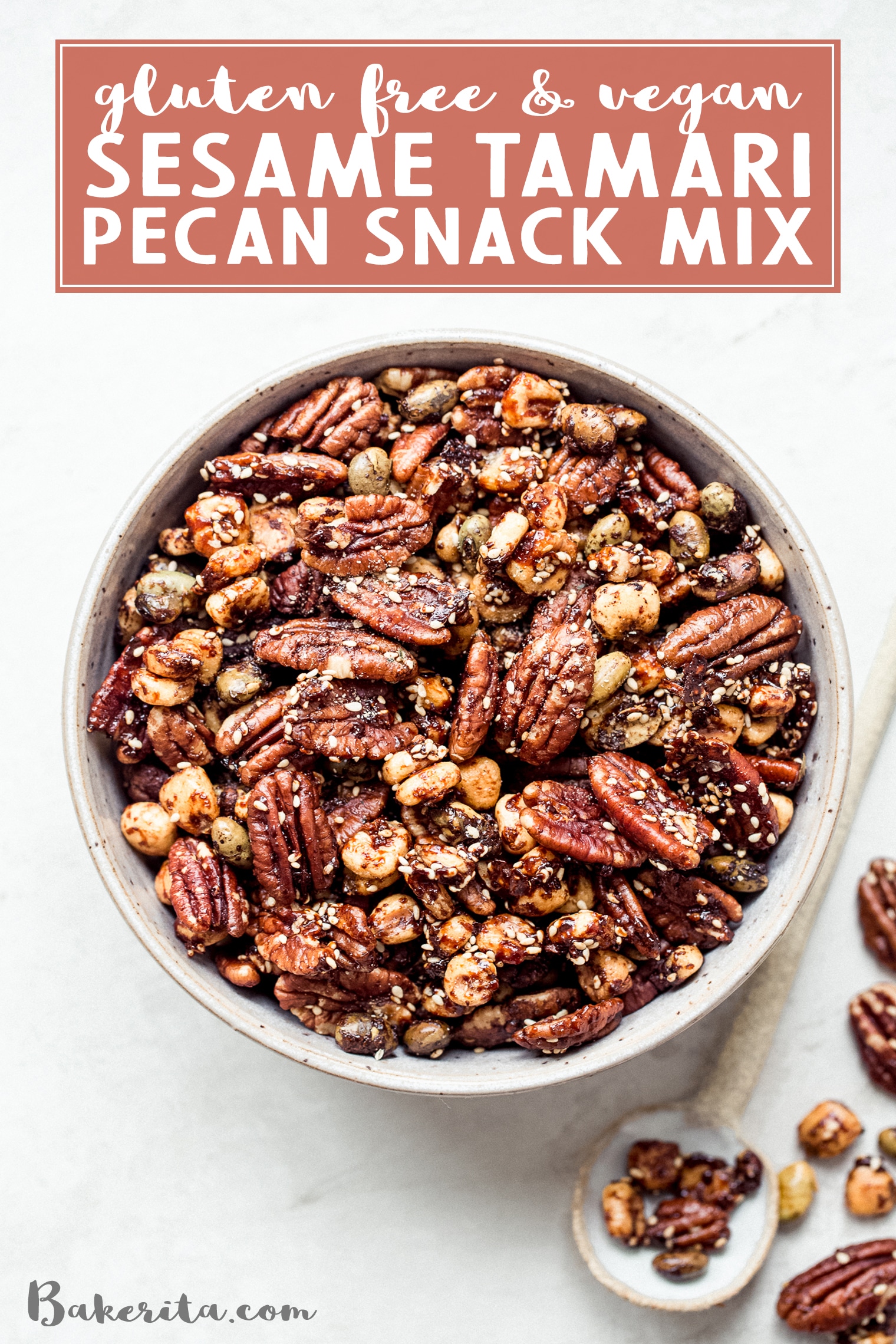 This Sesame Tamari Pecan Snack Mix is a deliciously crunchy snack that's bursting with sweet, savory, and umami flavors. It's an easy-to-make, gluten-free and vegan recipe!