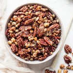 This Sesame Tamari Pecan Snack Mix is a deliciously crunchy snack that's bursting with sweet, savory, and umami flavors. It's gluten-free and vegan!
