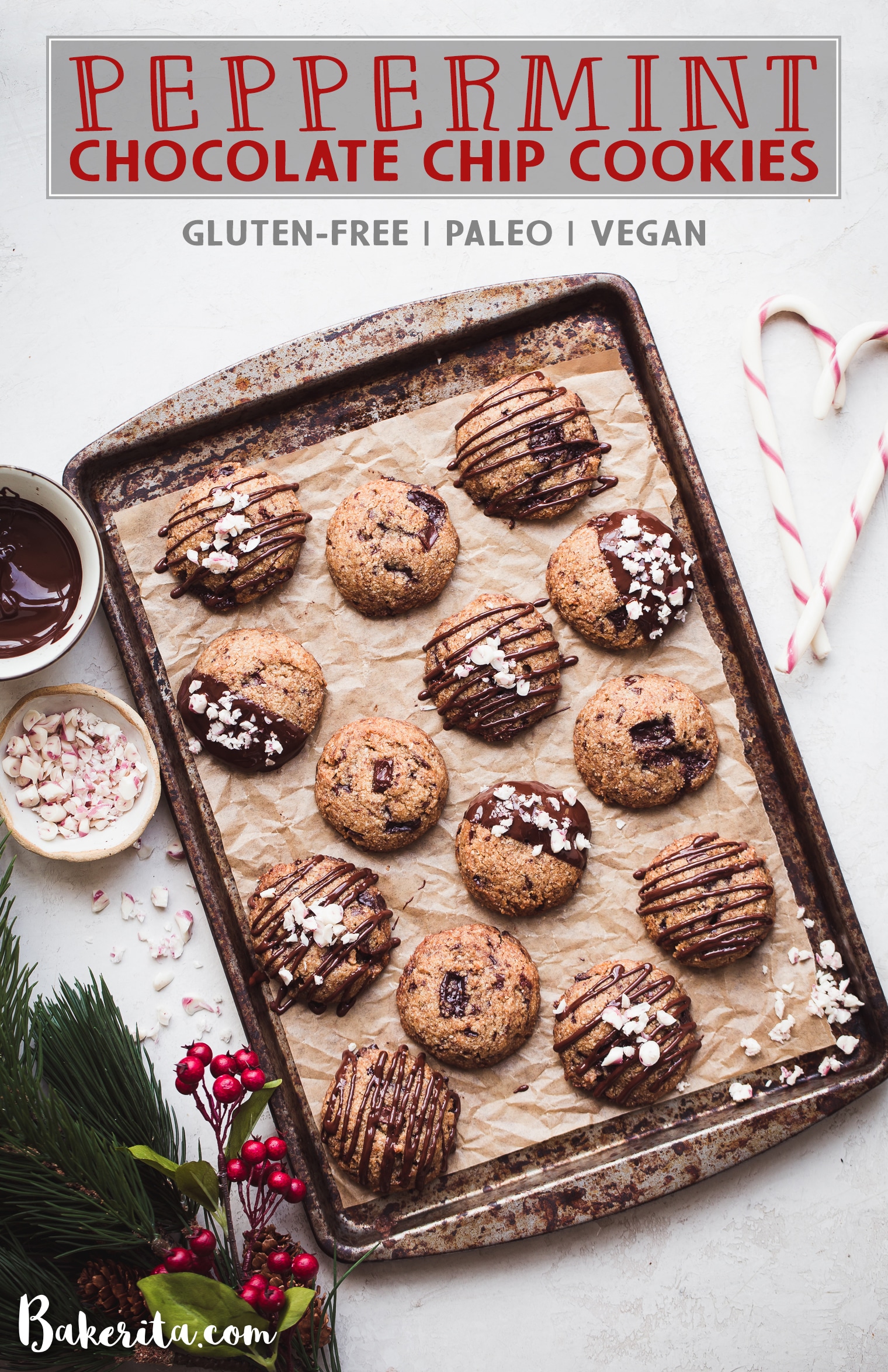 These Gluten-Free Vegan Peppermint Chocolate Chip Cookies will make your cookie dreams come true! They make perfect Christmas cookies and taste so scrumptious, especially with the extra chocolate drizzle.