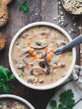 This Vegan Mushroom Wild Rice Soup is cozy, comforting, and so simple to make in under an hour using just one pot! It's the perfect healthy vegan dinner for chilly nights. It's loaded with mushrooms, wild rice, and vegetables.