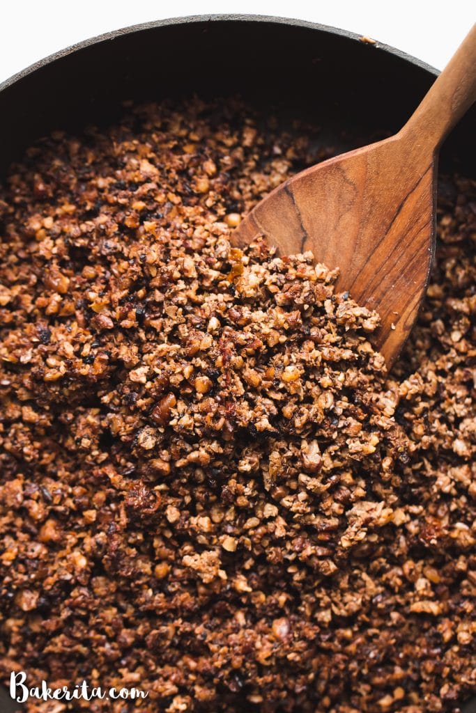 This Vegan Taco Meat recipe is a game-changer! It's made with cauliflower, mushrooms, nuts, and spices. It's perfect as a vegan taco filling, over nachos, on a taco salad, or wrapped in a burrito.