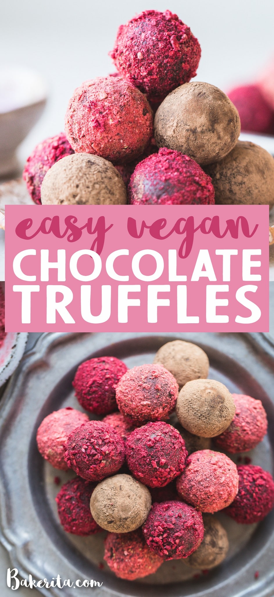 Easy Vegan Chocolate Truffles: made with only FOUR ingredients and they're paleo-friendly with a nut-free option! This simple truffle recipe is the perfect homemade holiday gift.