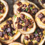 These Vegan Potato Skins are my new favorite vegan appetizer! Baked instead of fried, these are a healthier take on the classic. They're made with vegan cheese sauce and the best tempeh bacon bits.