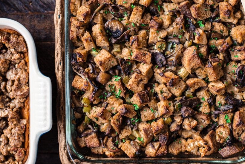 This Vegan Mushroom Stuffing is loaded with wild mushrooms, onions, sage, and thyme, for a fantastic holiday side dish that your whole family will love. This easy stuffing recipe can easily be made into a gluten-free stuffing, as well.