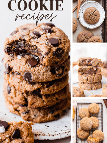 Gluten-Free & Vegan Cookie Recipes, with photos of chocolate chip cookies, chai spice cookies, pumpkin chocolate chip cookies, cookies, and lemon cookies.