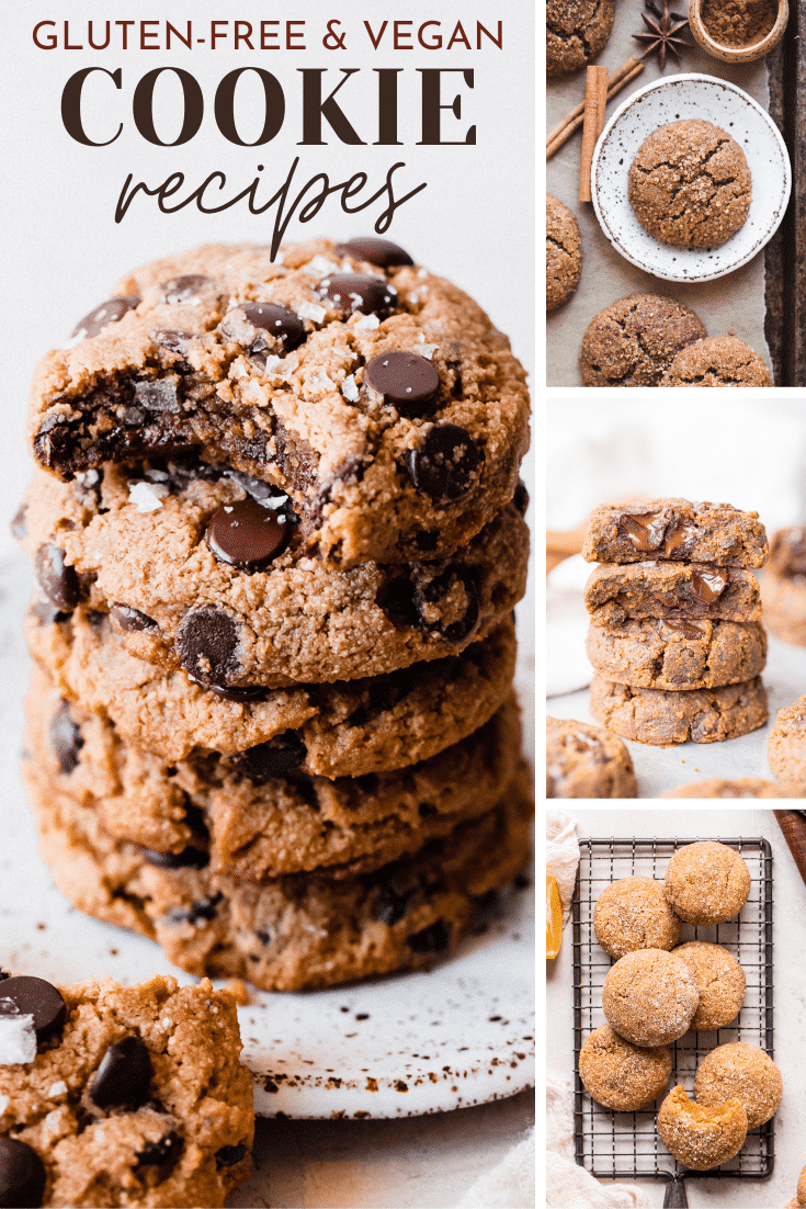 Gluten-Free & Vegan Cookie Recipes, with photos of chocolate chip cookies, chai spice cookies, pumpkin chocolate chip cookies, cookies, and lemon cookies.